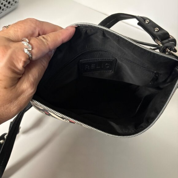 Relic Black White Swan Print Crossbody Bag Adjustable Strap Zipper Closure Purse - Picture 3 of 7